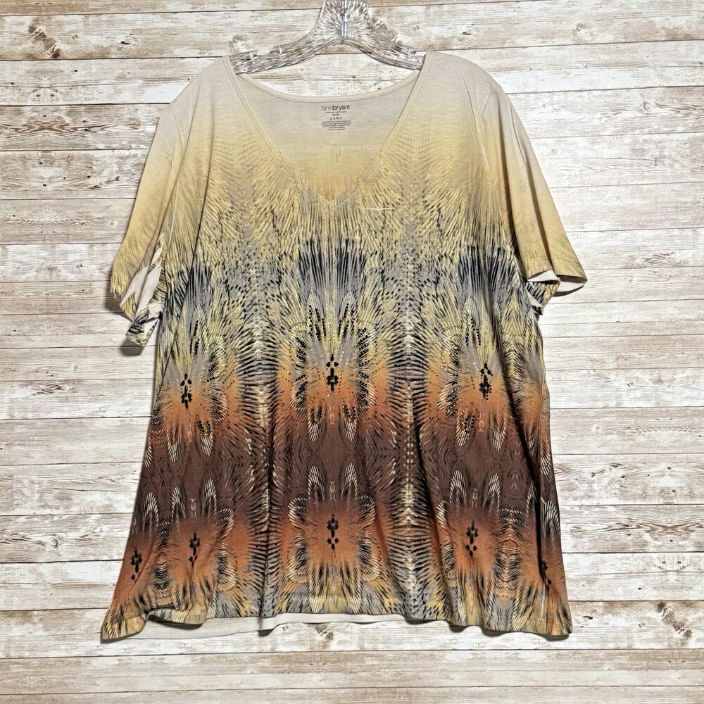 Lane Bryant V Neck Tunic Top Blouse Sz 22/24 Brown Yellow Abstract Embellished